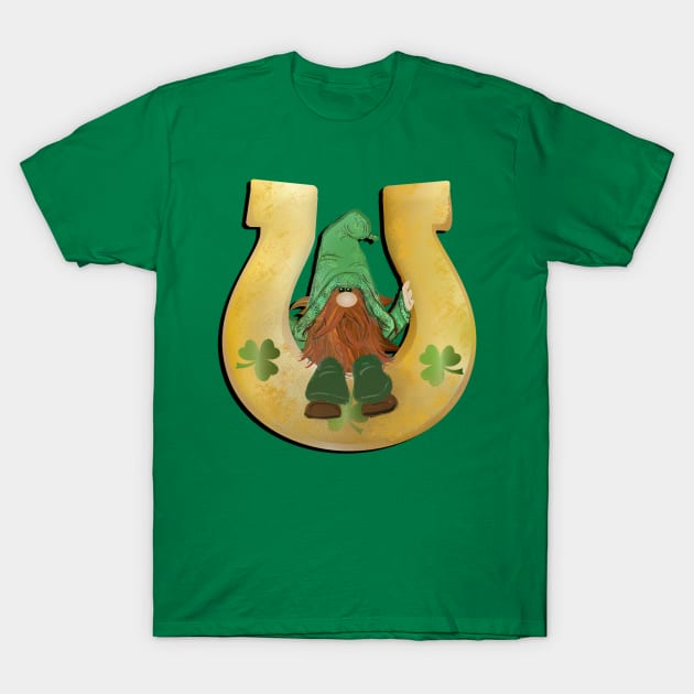 St Patrick's Day Lucky Gnome Design Horseshoe, Shamrocks & Gnomes T-Shirt by tamdevo1